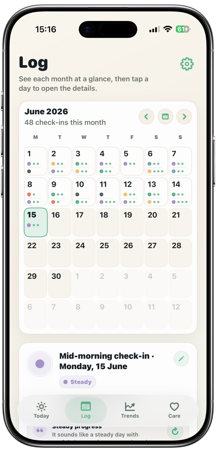 LumenLog calendar log with a selected check-in and care habits.