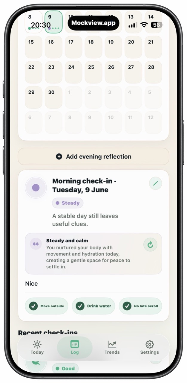 LumenLog calendar log with a selected check-in and care habits.
