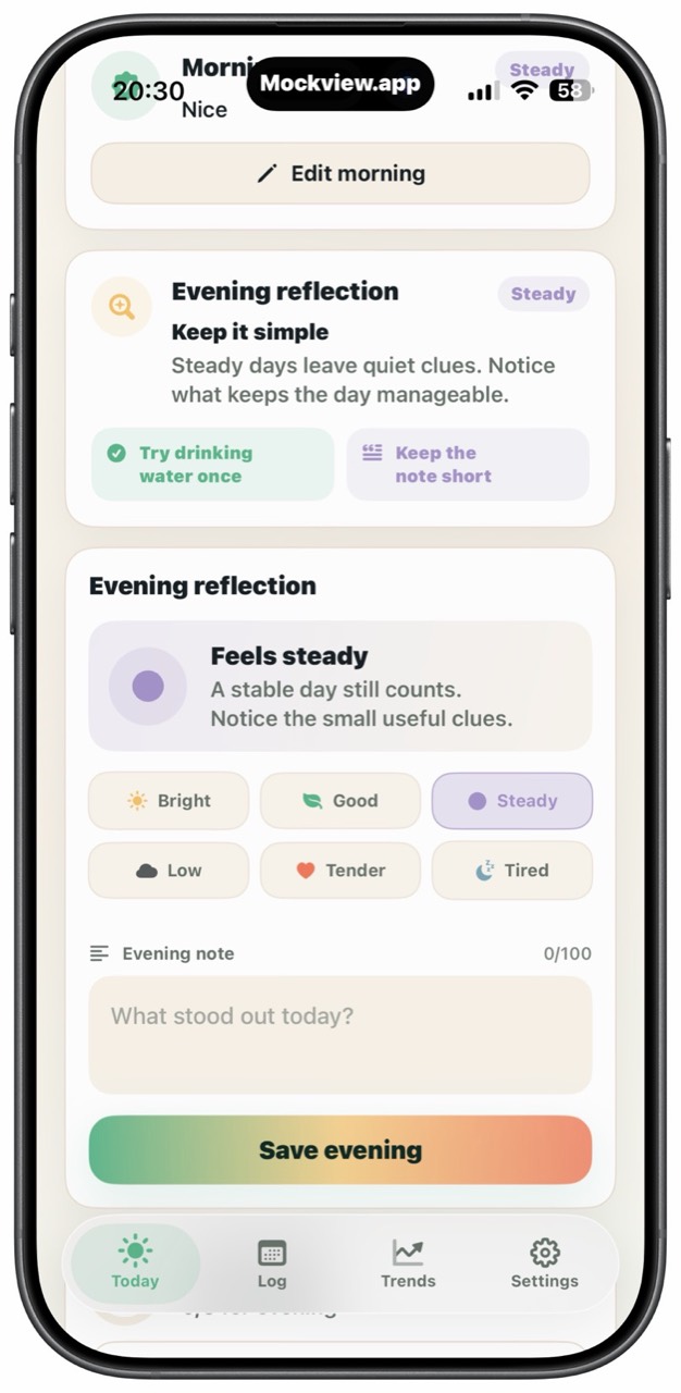LumenLog Today screen with an evening mood reflection and care habit suggestions.